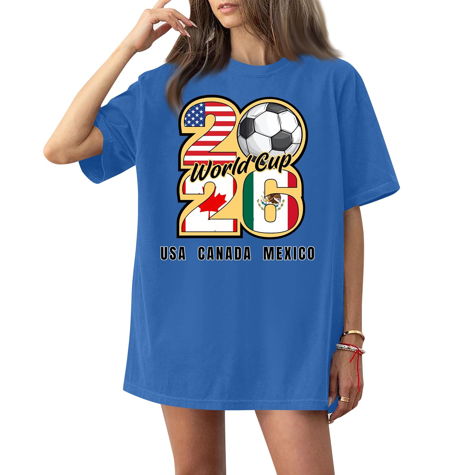 Women s Casual Crew Neck Short Sleeve T Shirt with Soccer World Cup 2026 Print USA Canada Mexico Graphic Tee Comfortable Fit XL синий