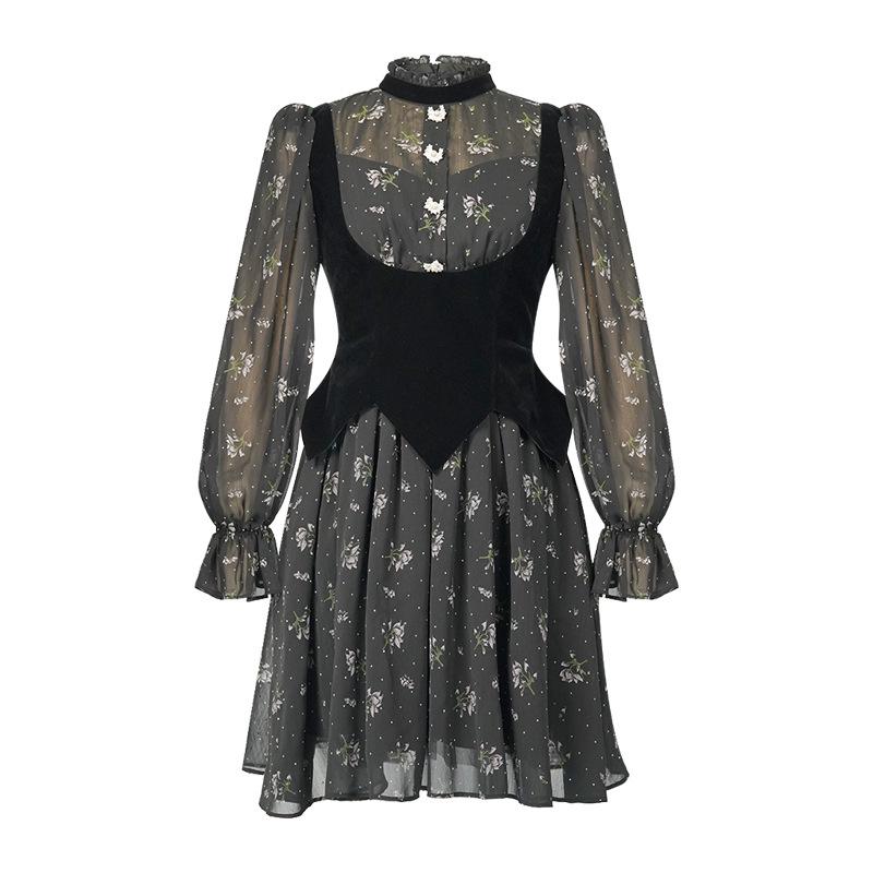 Retro Puff Sleeve Chiffon Floral Velvet Patchwork Dress - Waist-Cinched Short Skirt S чёрный