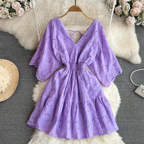 Vestido Vintage con bordado calado de cintura alta, vestido de hada acampanado de manga corta, Vestidos elegantes de playa para verano, vestido veraniego para vacaciones para mujer