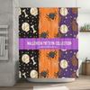 Halloween-themed shower curtains collection featuring spooky patterns like spiders, skeletons, bats, ghosts, moons, cats wolves