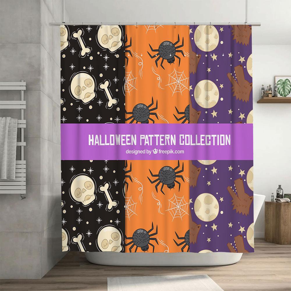 Halloween-themed shower curtains collection featuring spooky patterns like spiders, skeletons, bats, ghosts, moons, cats wolves