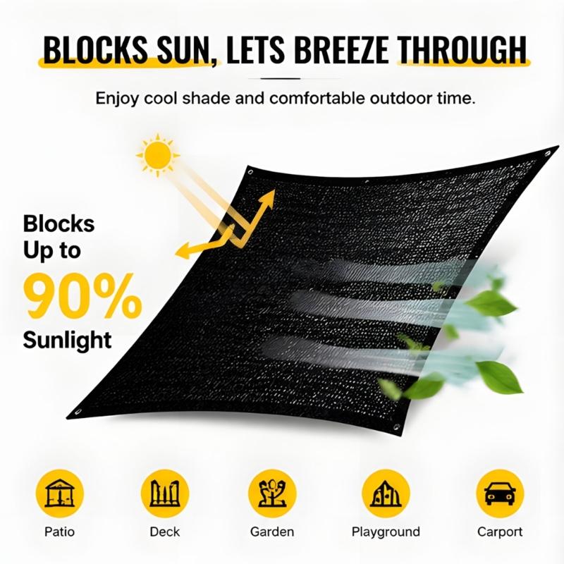 Carport Shade Cloth Cover for Balcony Shelter, Black Outdoor Screen with Stitched Border, Open-Weave Detail, Eyelets