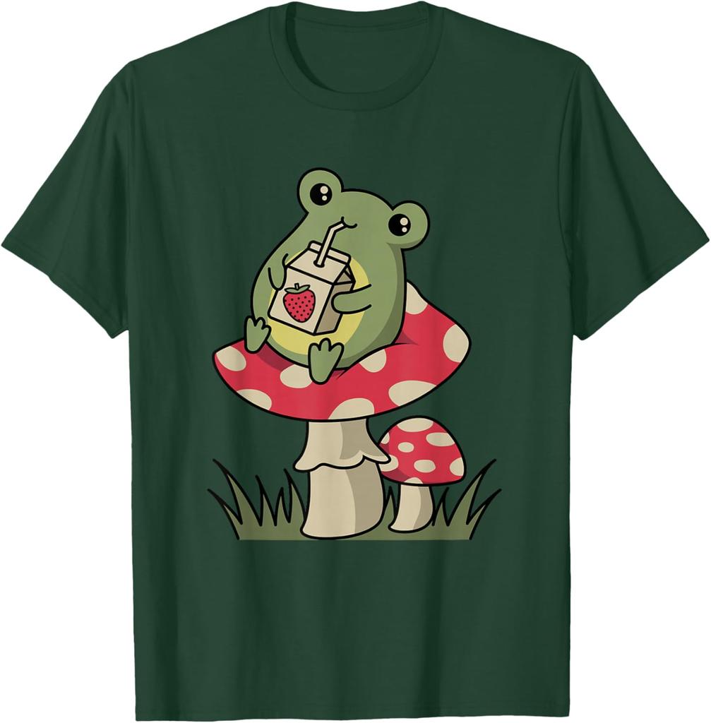 Cottagecore Frog Drinking Strawberry Milk Mushroom Graphic Tee Soft Casual Cotton T-Shirt for Unisex