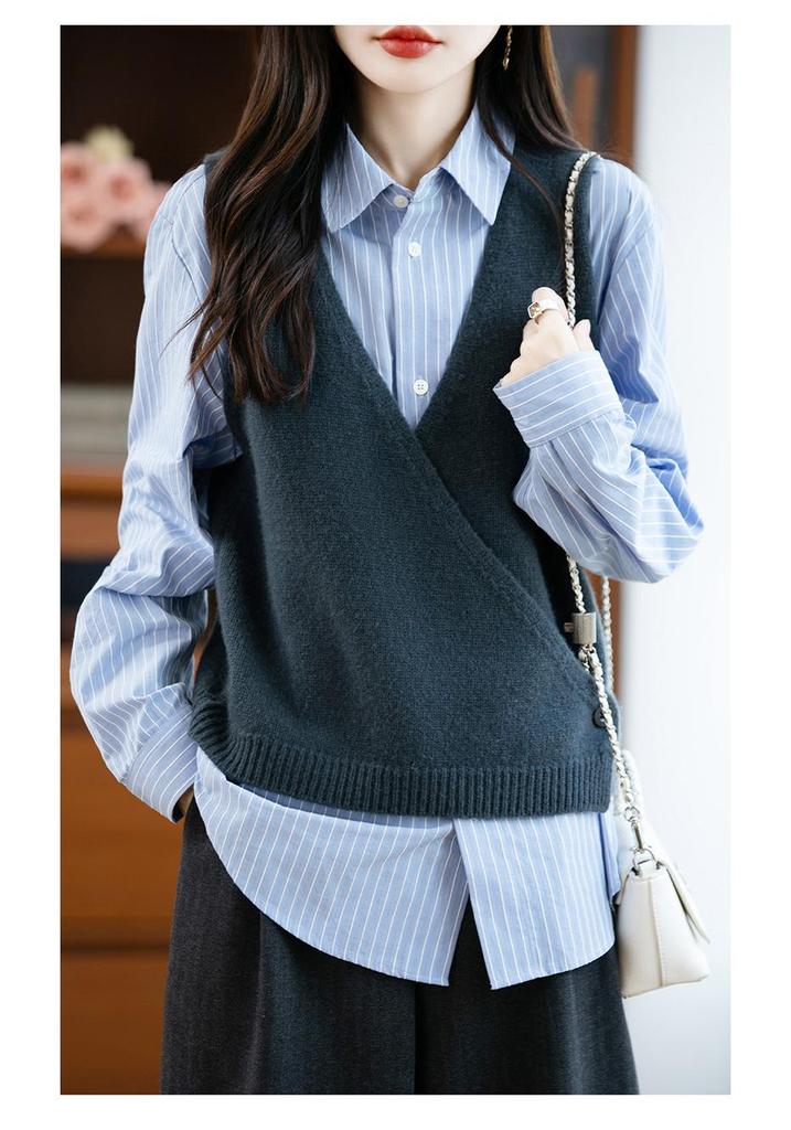 Women's V-neck 100% Pure Wool Sweater Vest - Loose Knit Solid Color Cashmere Pullover/Cardigan for Autumn & Winter.