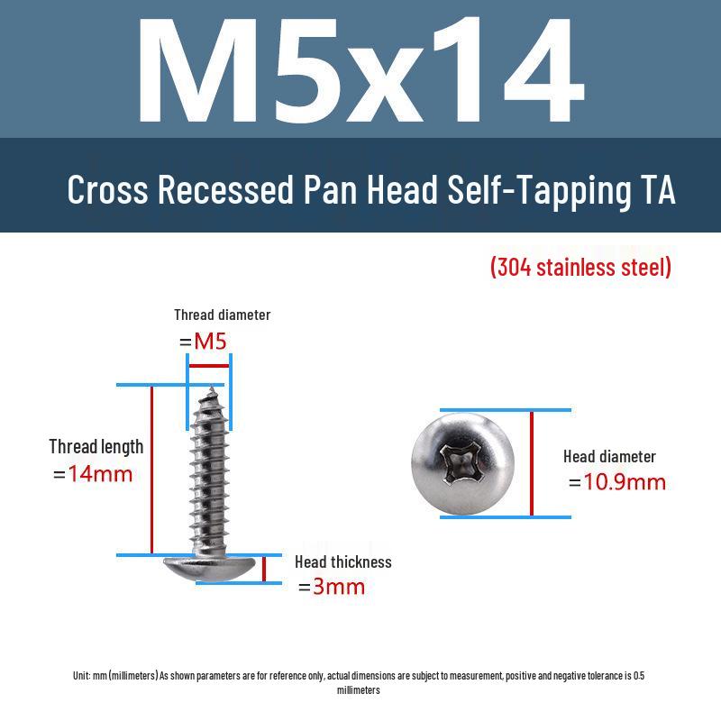 304 Stainless Steel Large Flat Head Self-Tapping Screws, TA Umbrella Head, Pointed Tail, M2-