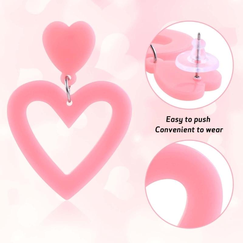 Stylish Heart Acrylic Earrings Pink Ear Drops Lady Party Hollow Heart Statement Earring Valentines Day Gift Lightweight