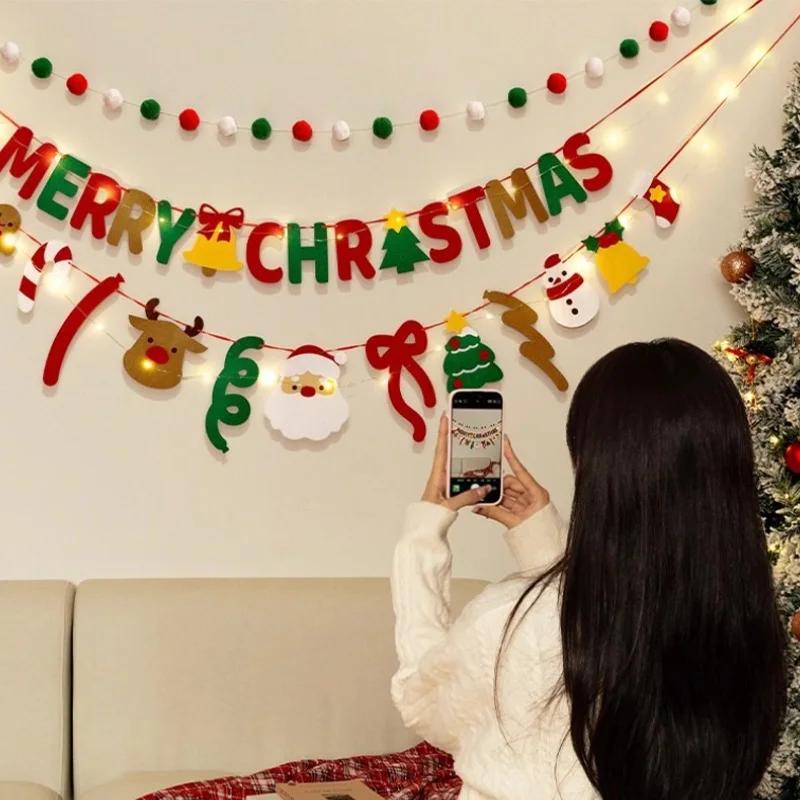 DIY Handmade Pull Flag Banner with LED Light String Merry Christmas Holiday Ornaments Home Room Background Christmas Decoration