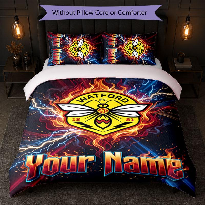 Watford FC Custom Name Text Bedding Set 1 Duvet Cover+2 Pillowcases Soccer Logo Personalized Gift For Special Occasion Bedroom Decor