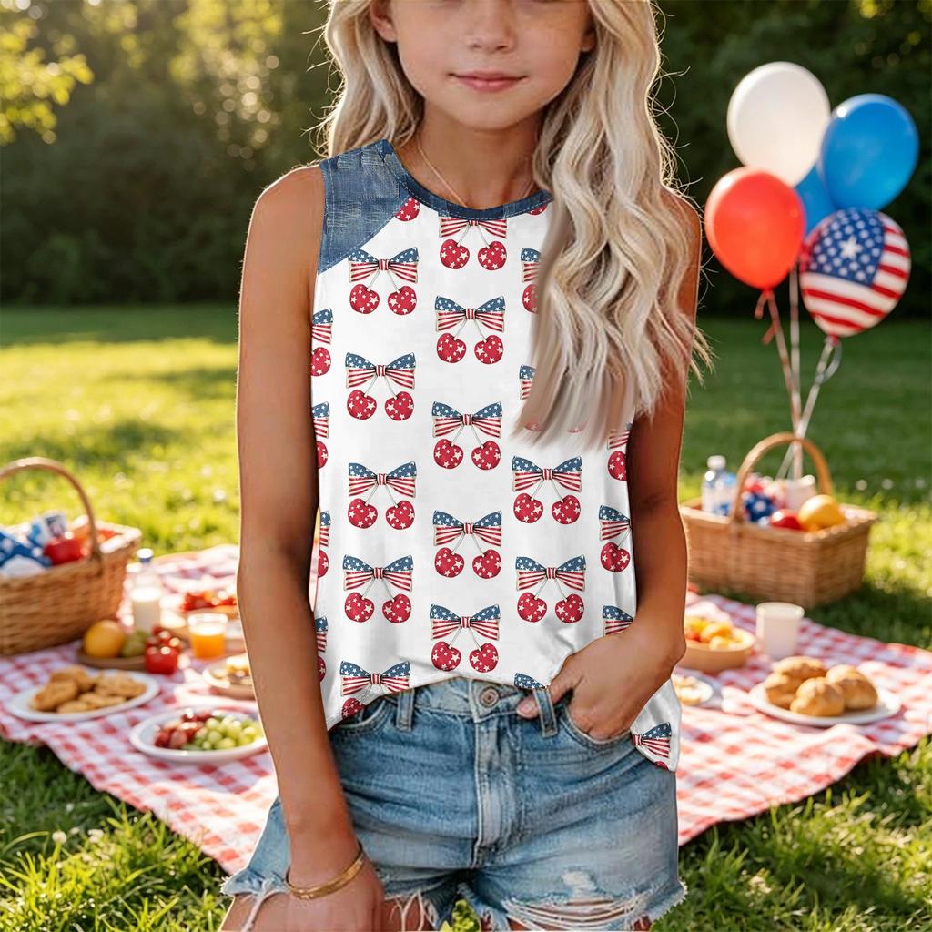 Sleeveless Loose Fit Tank Top for Women Round Neck Denim Print Star Pattern Casual Summer Shirt