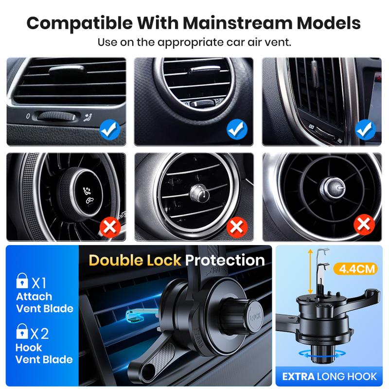 TOPK Car Phone Holder Stand, Extended Arm 3-Point Support Extendable Metal Hook Superior Stability Cell Phone Mount for Car Vent