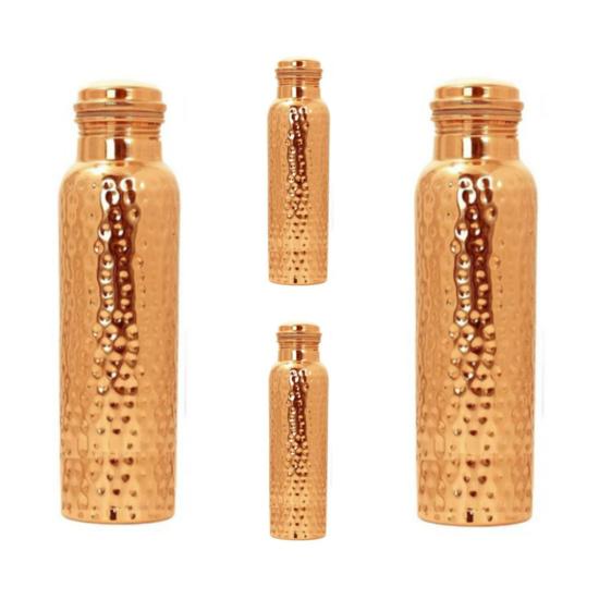 Tanirika Pure Copper Water Bottle - Hammered Design, 1 Litre Capacity, Premium Shudh Tamba, Excellent Export Quality // Pack of 4