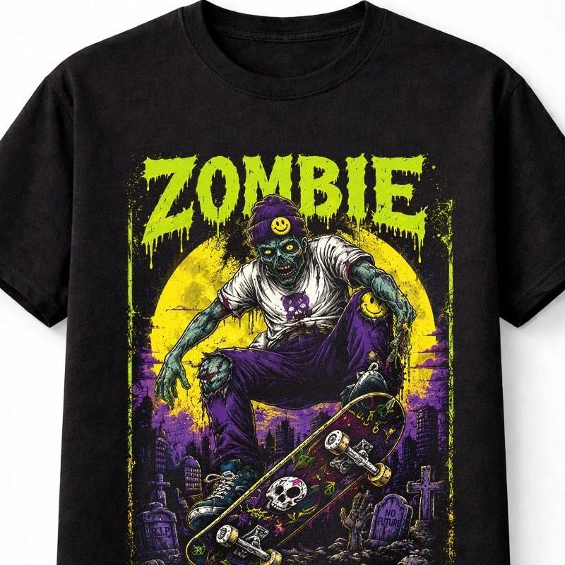 Zombie Skateboard Horror Skater Skull Graphic Goth Unisex TShirt S