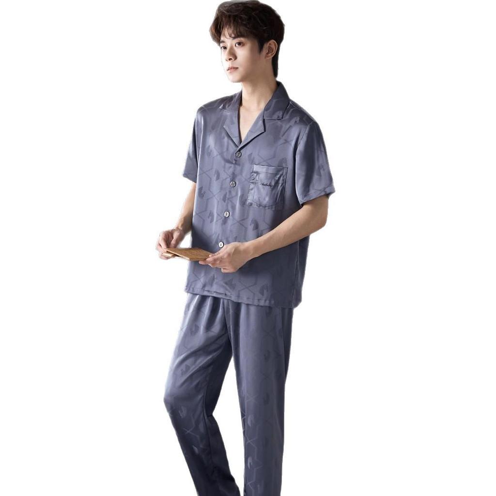 2026 Men's Light Luxury Pajama Set: Spring/Summer Short Sleeve Top & Long Pants Homewear
