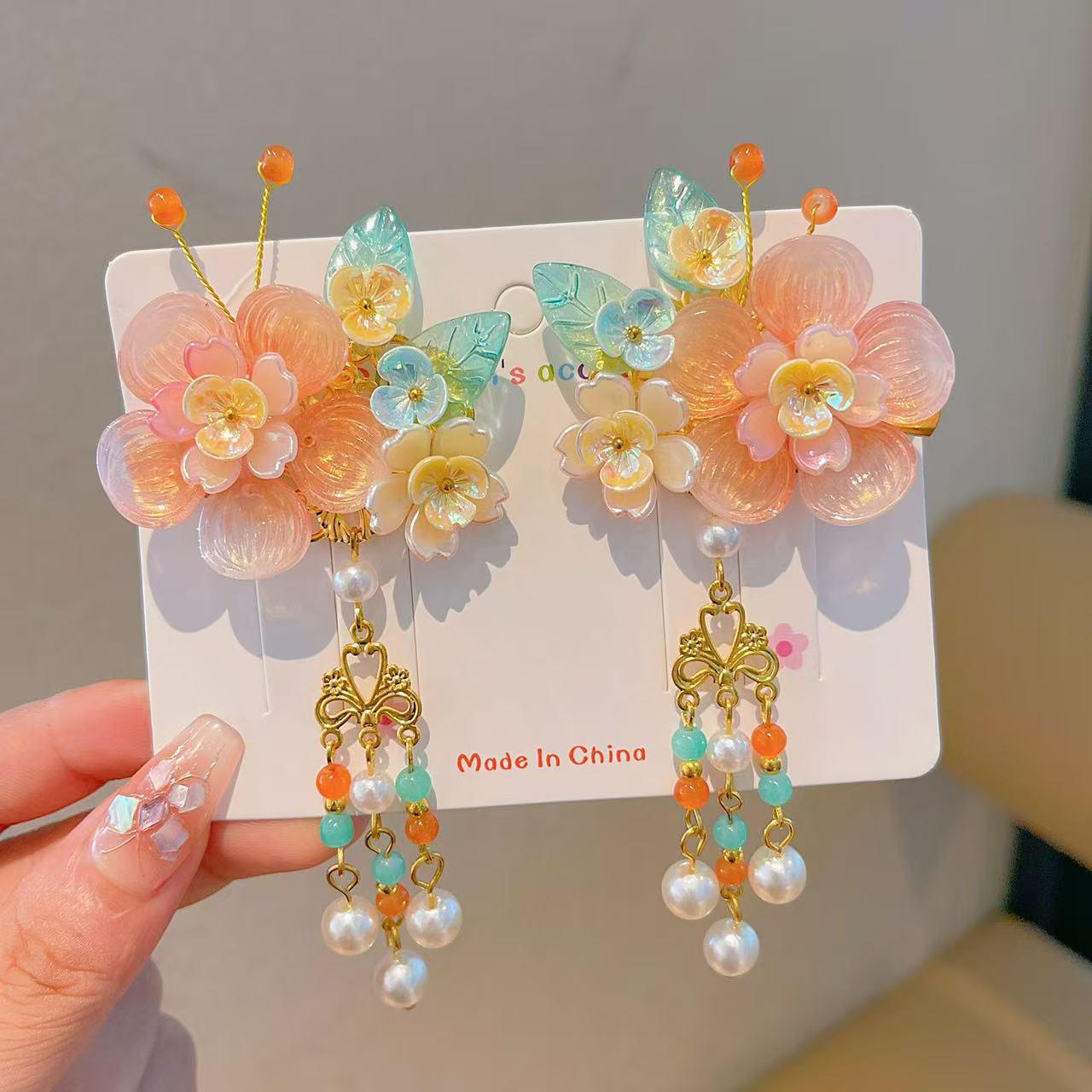 Children s Hanfu Headdress - Jade Rabbit Hair Clip with Flowers & Tassels for Mid-Autumn Festival