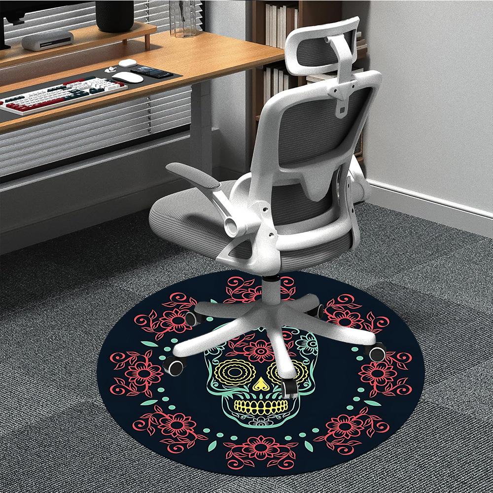 1pc Sugar Skull Art Chair Carpet for Office, Indoor Non Slip Washable Polyester Fiber Carpet,
