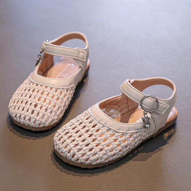 Summer New Girls Woven Princess Shoes Cute Soft Sole Closed Toe Sandals Korean Style Kids Beach Shoes 24