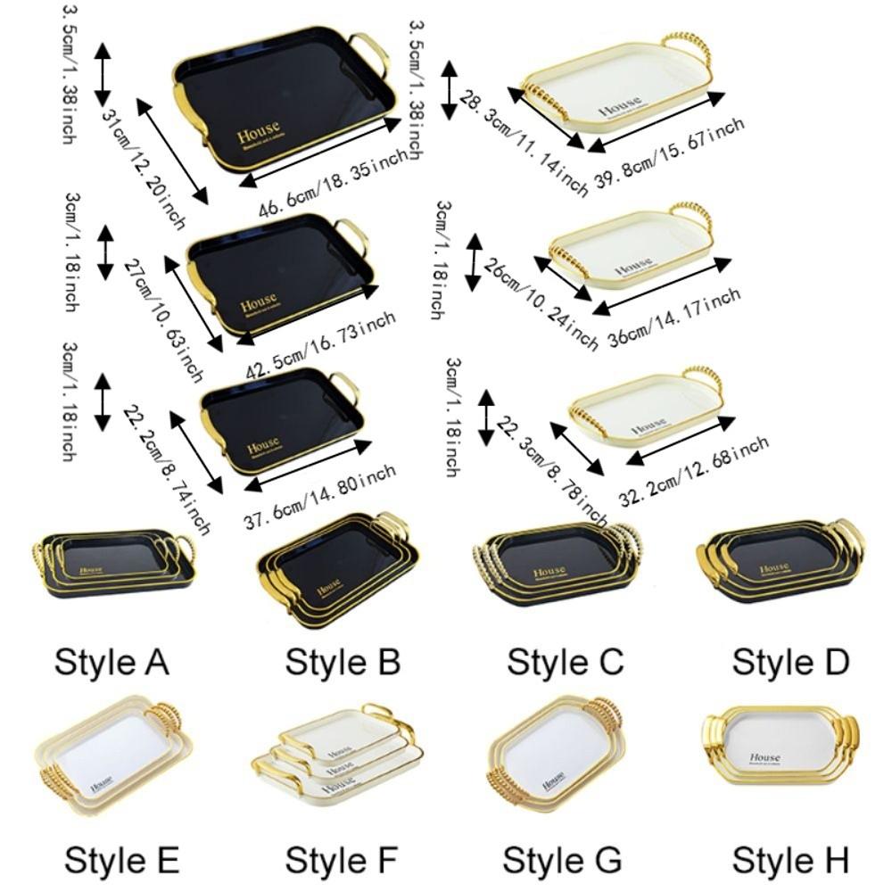 3PCS Light Luxury Plastic Tea Tray Set Golden Handle Rectangular Dessert Tray Stackable Thickened Brunch Tray Fruit