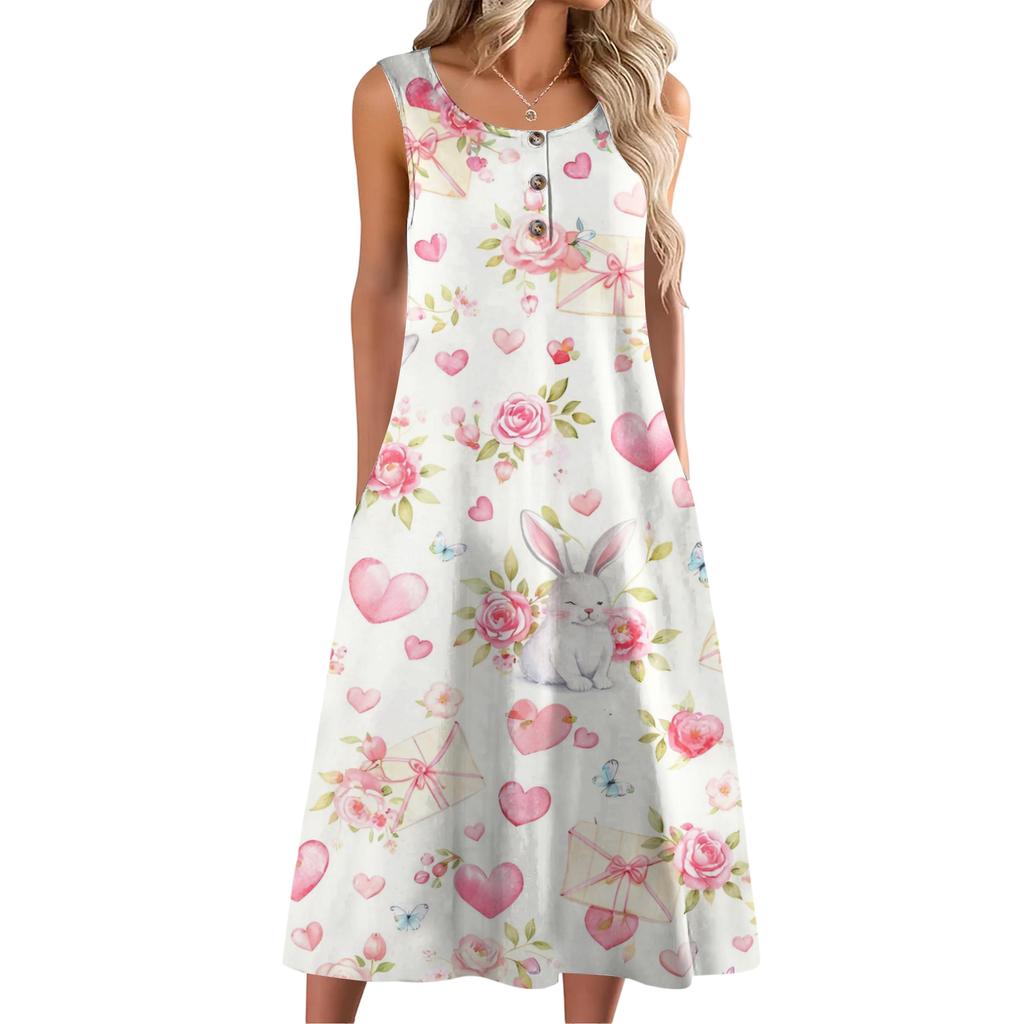 Women Fashion Casual Sleeveless Button Easter Print Dress With Pocket