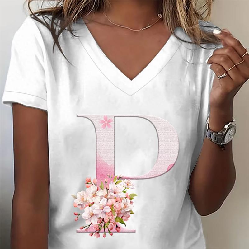 Pink Sakura 26 Alphabet Fashion Casual Tops Unisex Cherry Blossom Lover Vneck Short Sleeve Tshirt Letter R Floral Gift Clothing