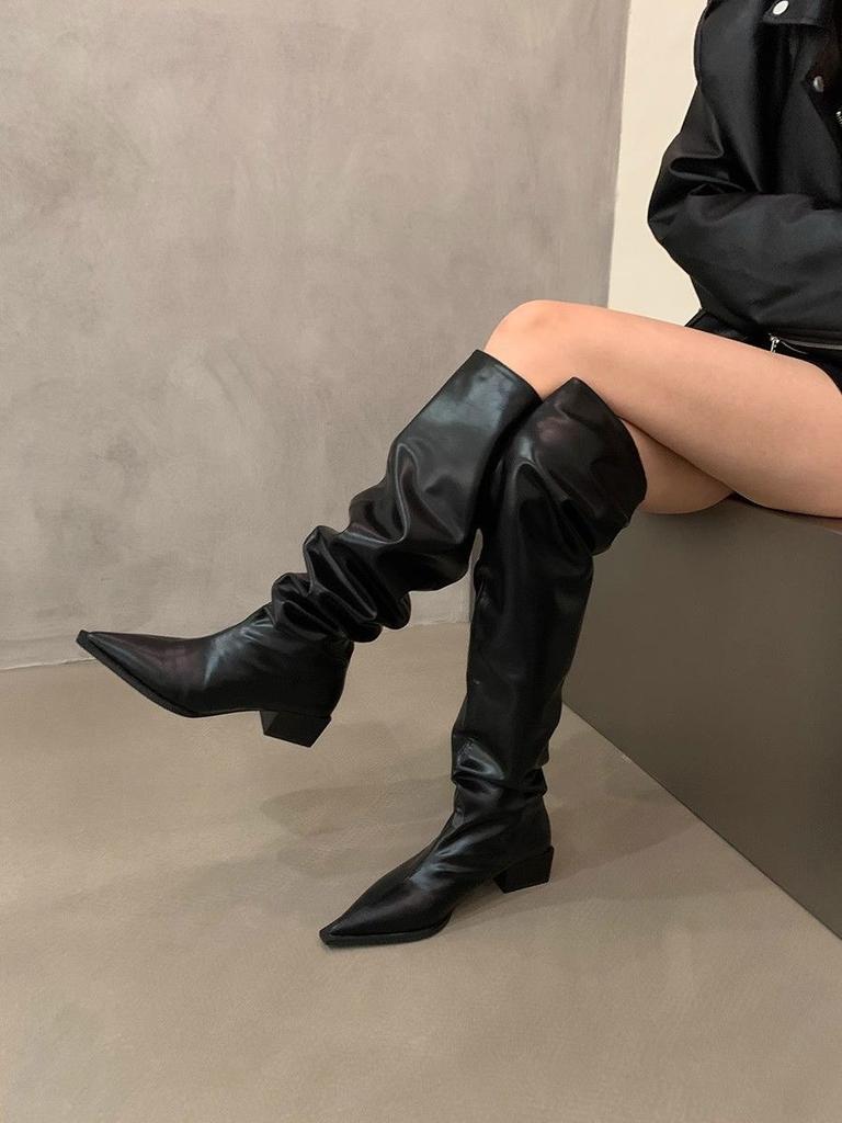 Thick Heel Black Over Knee Pile Long Boots Women's Shoes 2025 New Autumn and Winter Pointed Skinny Knight Boots