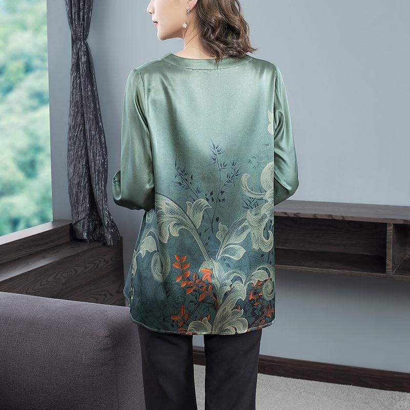 Retro Spring Women's Plus Size Silk Blouse Loose V-Neck Pullover Printed Soft Skin-Friendly Breathable Silk Blouse Top