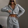 Women's Casual Suit Pure Color Short Waist Hooded Cardigan Laced Sweatpants