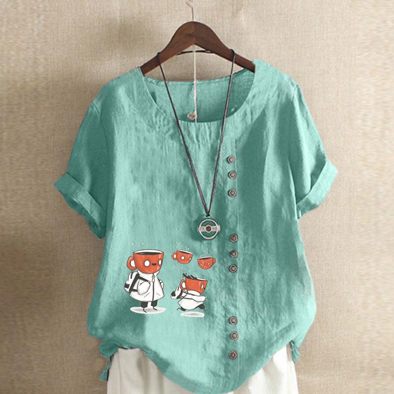 Women's New Fashion Linen Shirt Round Neck Short Sleeve Cupbearer Printed T-shirt Summer Ladies Casual Plus Size Blouse Tops