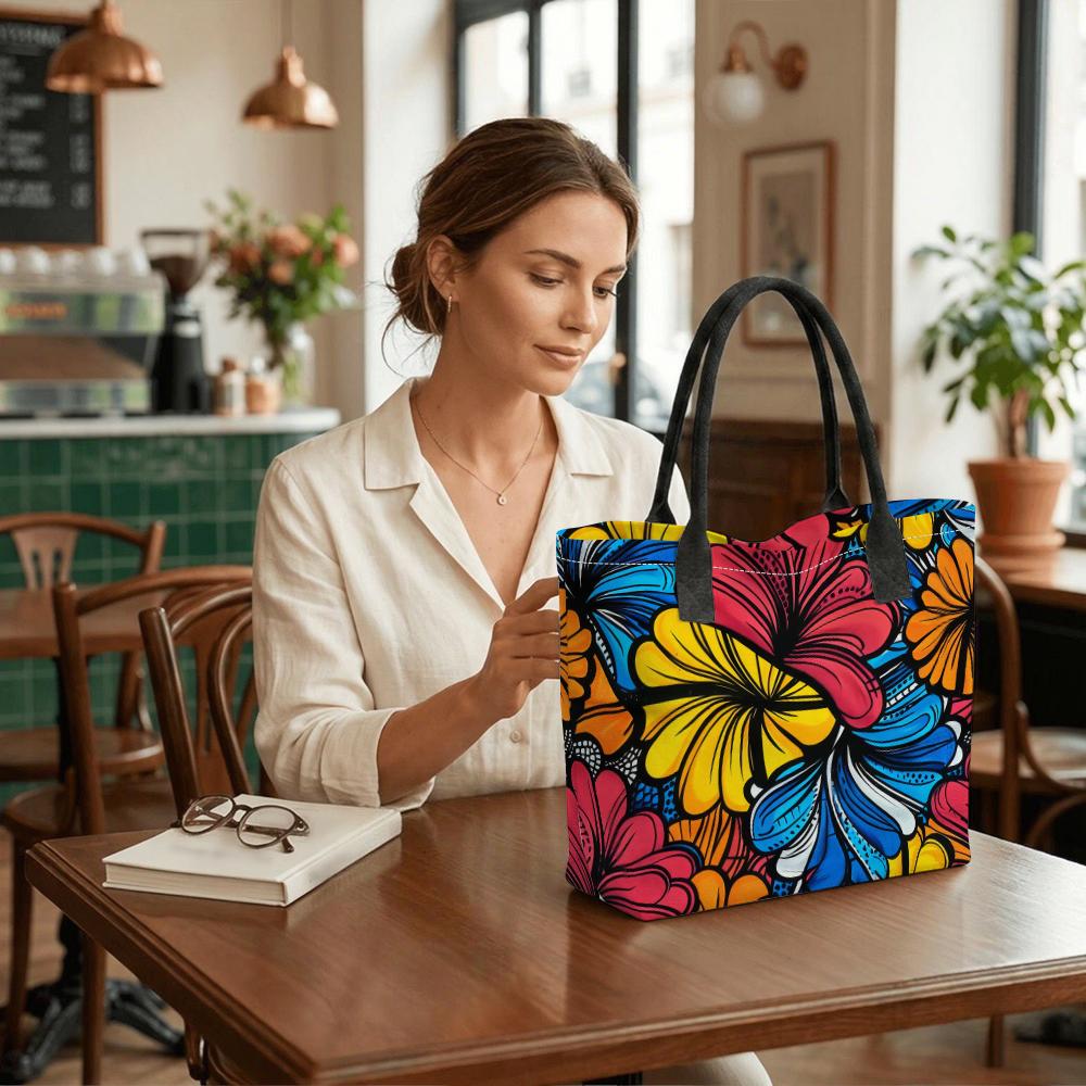  Colorful Floral Print Casual Tote Bag Large Capacity Daily Shoulder Handbag for Women