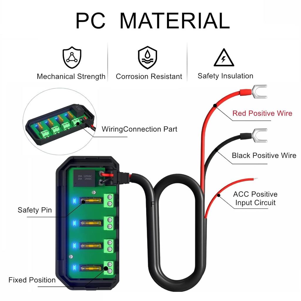 12V Fuse Block-Motorcycle Automotive Universal Kit Featuring a 20A Fuse, Relay Box, 4 Circuits, Low Profile Mini Blade Fuse Holder and Battery
