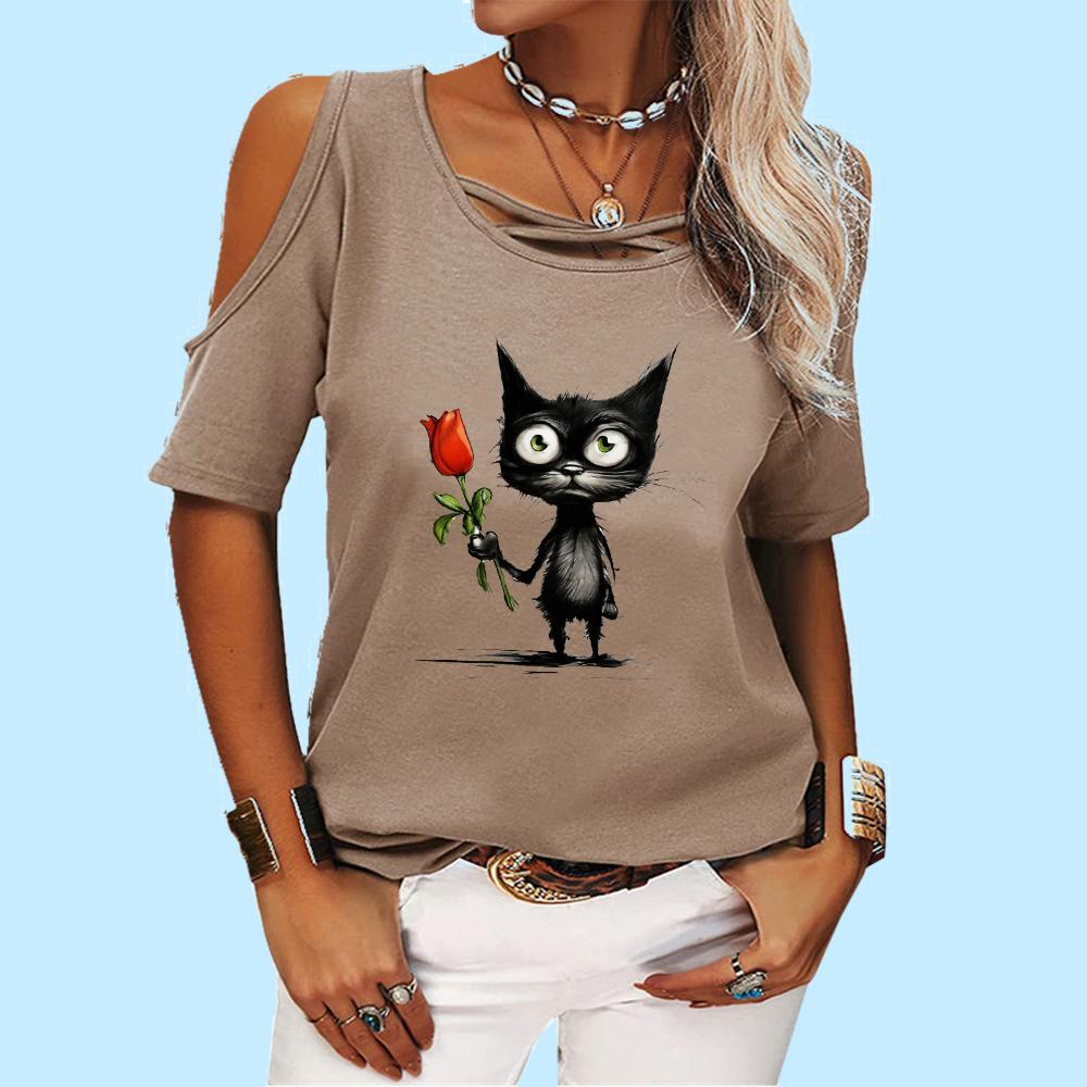 Women Fashion Off Shoulder T-shirt Ladies Casual Round Neck Print Top Summer Short Sleeve Tee Shirt
