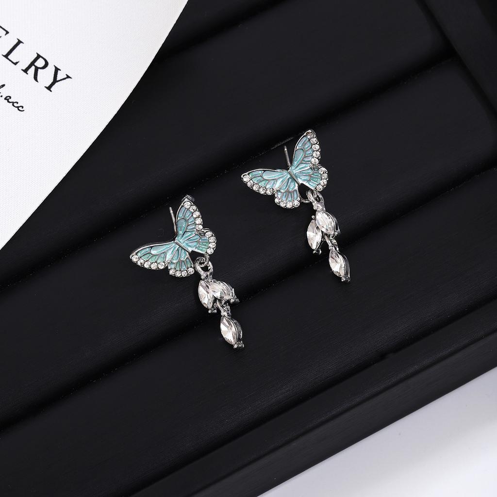 Diamond-Set Blue Oil-Dripping Butterfly Earrings, Light Luxury Niche Design, Water-Dripping Fringed Sweet Earrings.