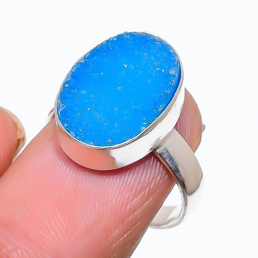 Blue Druzy Gemstone 925 Sterling Silver Jewelry Ring Size Adjustable GK-4419