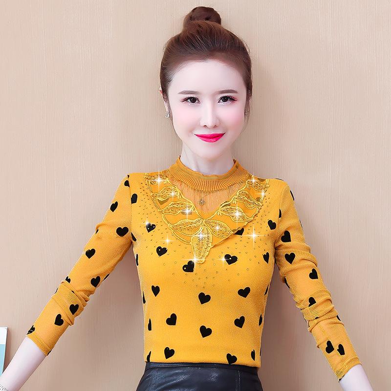 Damen Langarm T-Shirt für Damen im Herbst, Neuer Stil, Innen- und Außen-Mesh-Shirt, Warm bügelbares Oberteil