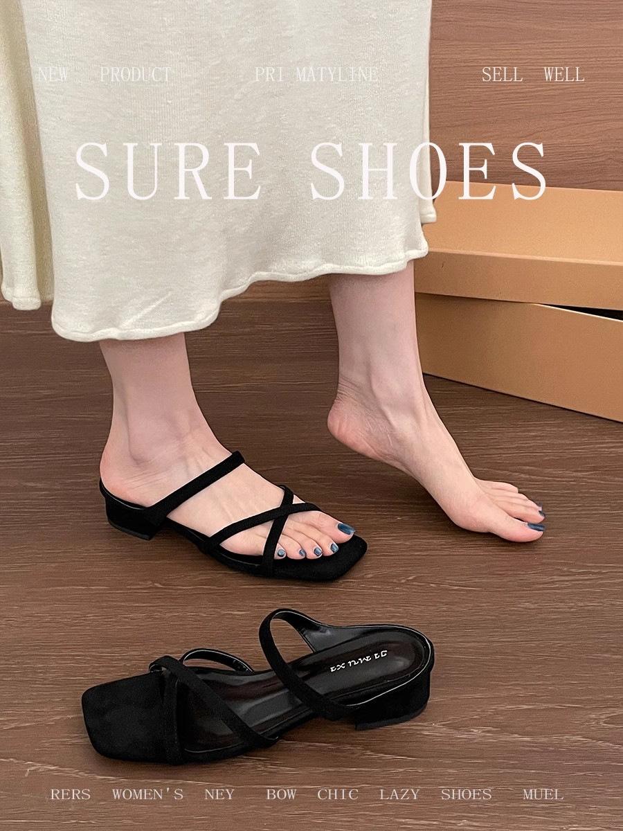 

2025 лето новый крест-ремень толстый каблук универсальные литературные леди деним высокий каблук крутые шлепанцы женщины 35 чёрный