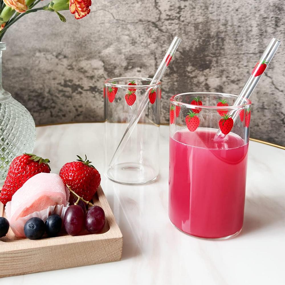 1/2 Piece 16oz Juice Cup with Glass Straw Milk Coffee Cup Berry Pattern, Easy To Clean Reusable for Cold/Hot Drinks