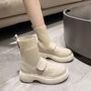 Neue 2025 Herbst Weiße Halbwadenstiefel Damenschuhe Mode Runde Zehe Plateau Stiefeletten Dicke Sohle Gummi Damen Einfarbig Slipper Botas