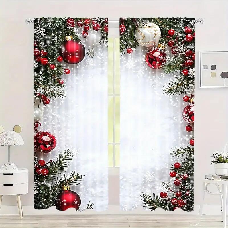 Christmas Ball Holiday Printed Curtains, 2 Pieces 2D Flat Printed Red Luxury Xmas Print Curtains with Snowflakes for Holiday Party Decor