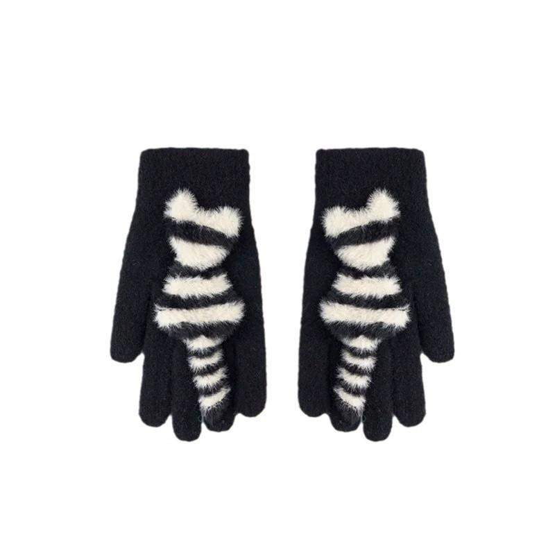 Cute Striped Cat with Knitted Wool Gloves for Women In Winter Thickened Warmth and Cold Protection for Students Cycling