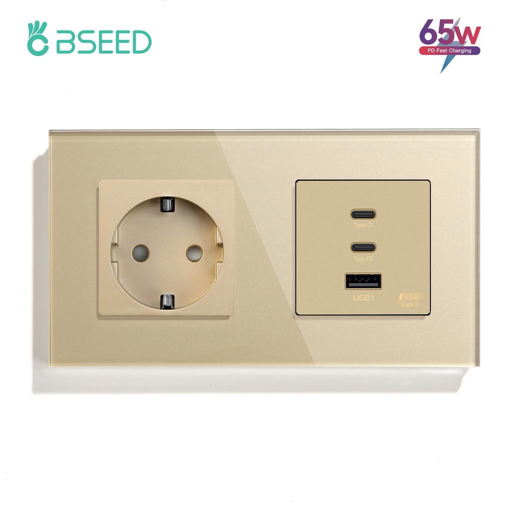 BSEED Power Sockets Electric Outlets Plus Dual Type-c USB Fast Charging Ports 65W 3A Glass Frame EU Standard Wall Embedded