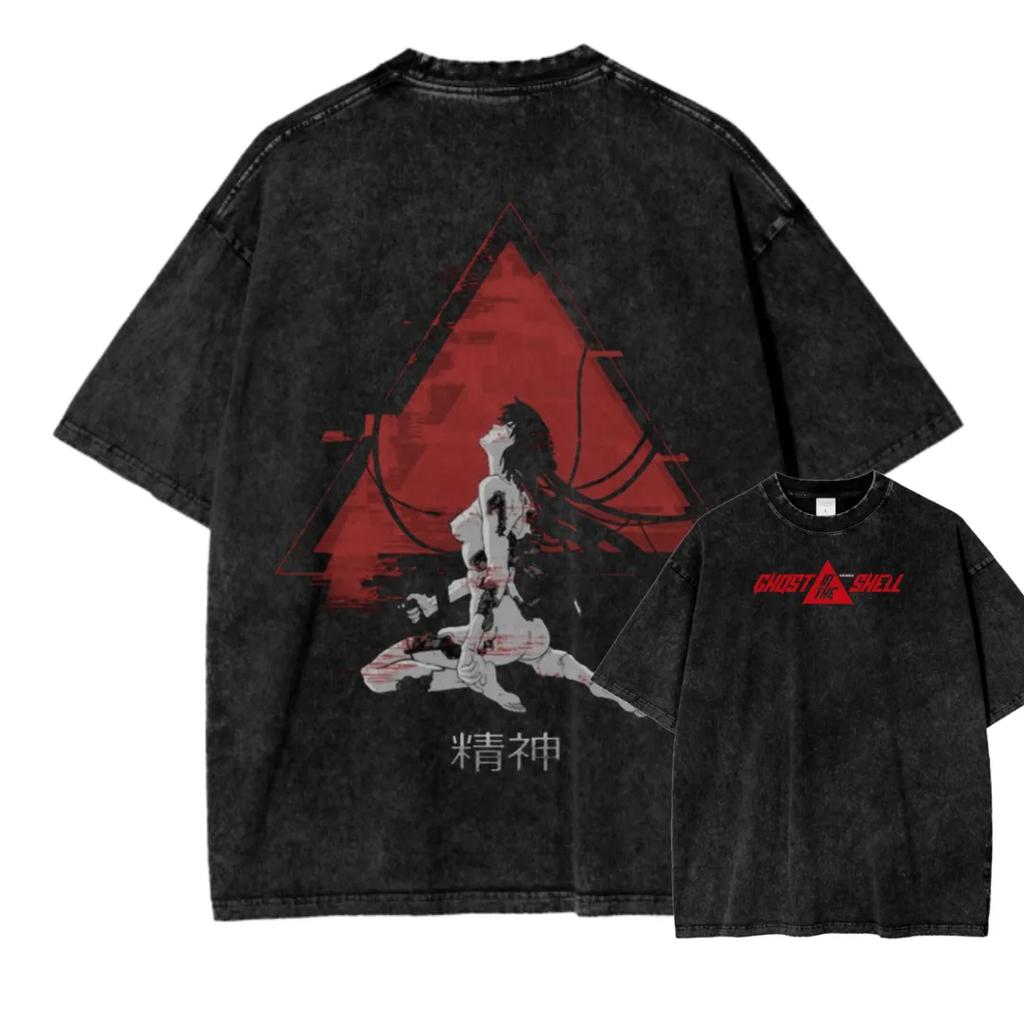 2026 Hot Sale Japan Classic Anime Ghost in The Shell Graphic Print Retro Washed Tshirt New Harajuku Fashion Men Women Cotton Tee Oversized Loose Top