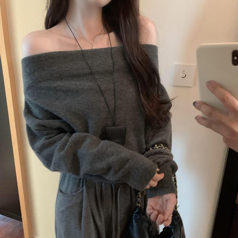 French Style Lazy Style One Shoulder Loose Knitted Bottoming Shirt for Women Autumn and Winter New Thin Off-shoulder Sweater S серый