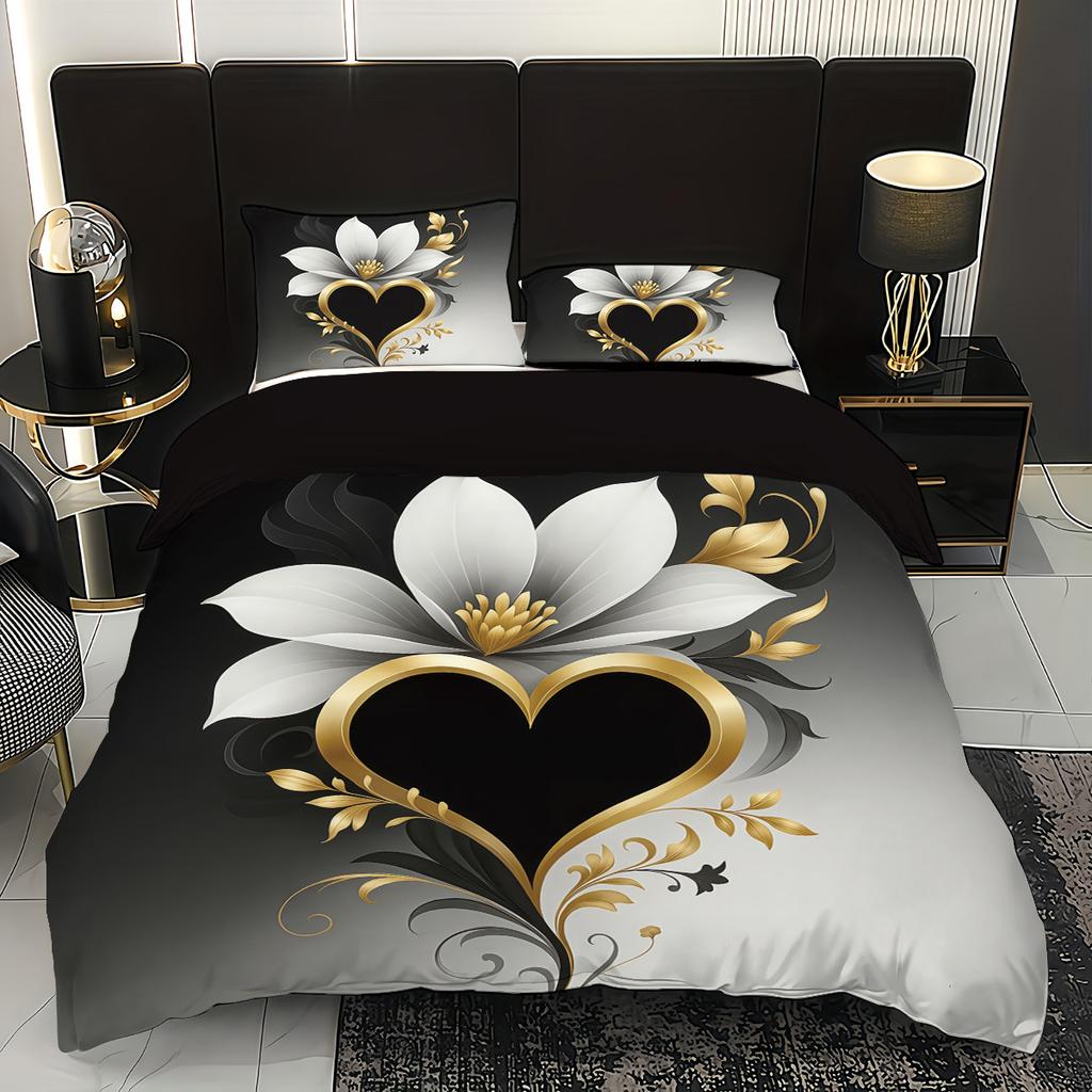 3pcs  Abstract Love Floral Design Print Pattern Bedding Set 1 Quilt Cover + 2 Pillowcases, No Core Retro Simple,