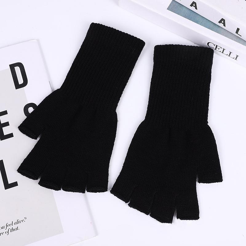 Black Gloves Autumn Winter Fashion Keep Warm Knitted Half-Finger Gloves Unisex