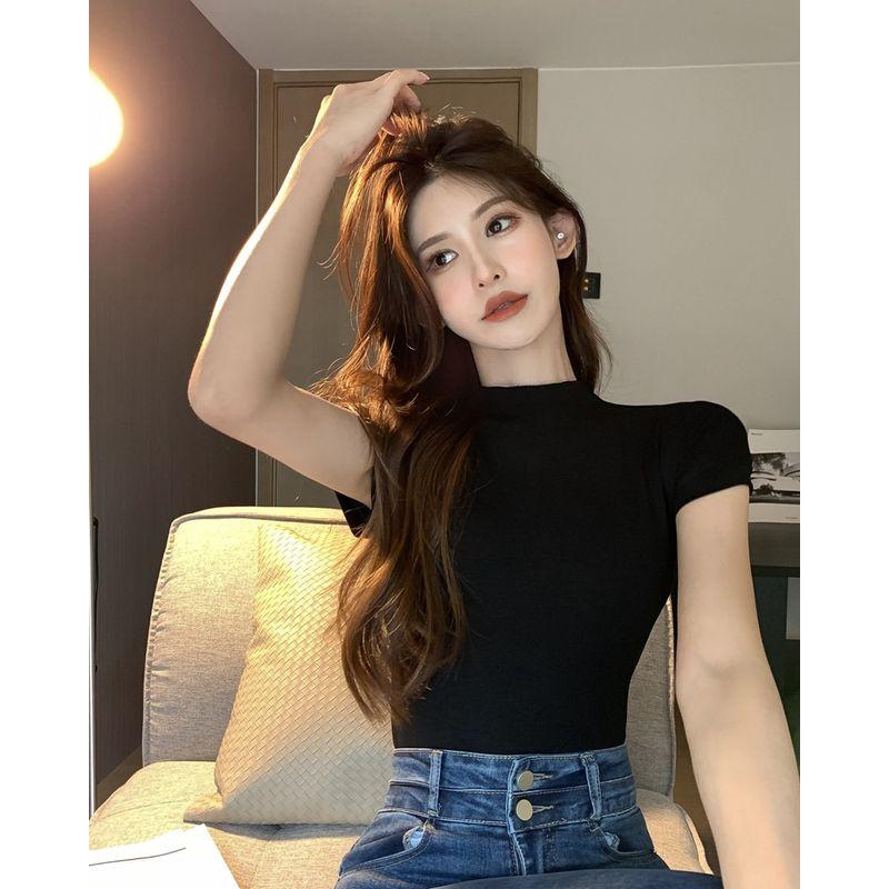 

Silm Slim Looking Shoulder Half Turtleneck Short Sleeve T-Shirt Women s Summer Tight Waist Inner Wear Base Knitwear Pure Desire Style Tops Black XL