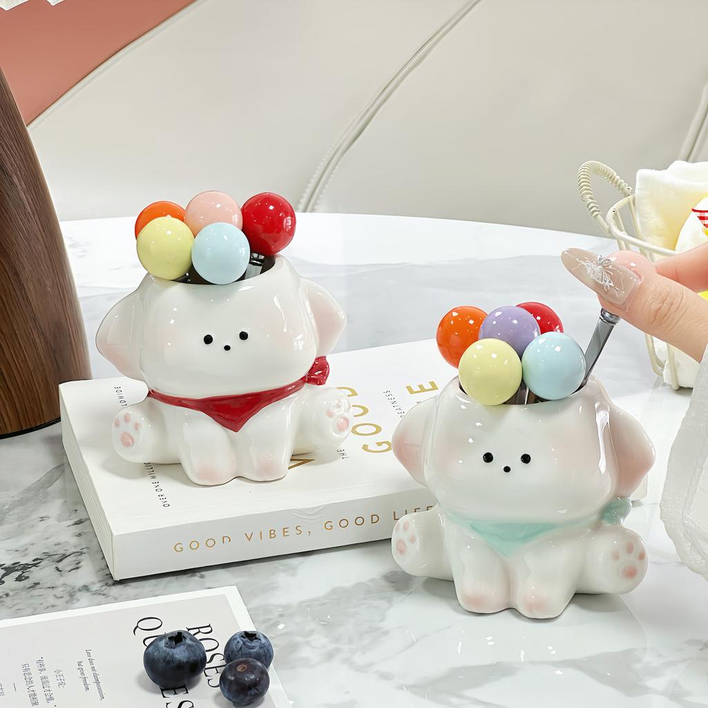Cartoon Puppy Fruit Fork Colored Ball Stainless Steel Cute Dessert Fruit Fork Set Household Tableware Dinner Fork Kitchen Tools