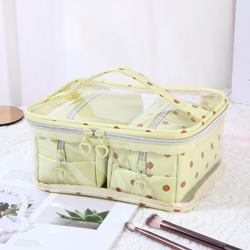 1/3Pcs Pink Polka Dot Pu Makeup Bag Set Large Capacity Sturdy Handle For Travel Daily Cosmetic Storage