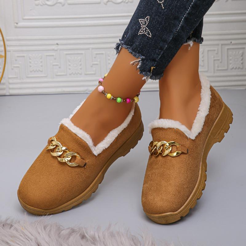 Fashion Women's Thick Plush Flat Shoes 2024 Autumn and Winter Solid Color Soft Sole Slip-On Loafers Comfortable Warm Casual Shoes