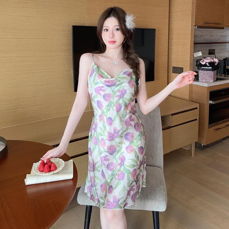 Spring and Summer Ice Silk Nightgown Sexy Suspender Women's Pajamas Thin Nightgown Printed Homewear Bathrobe Two-piece Set