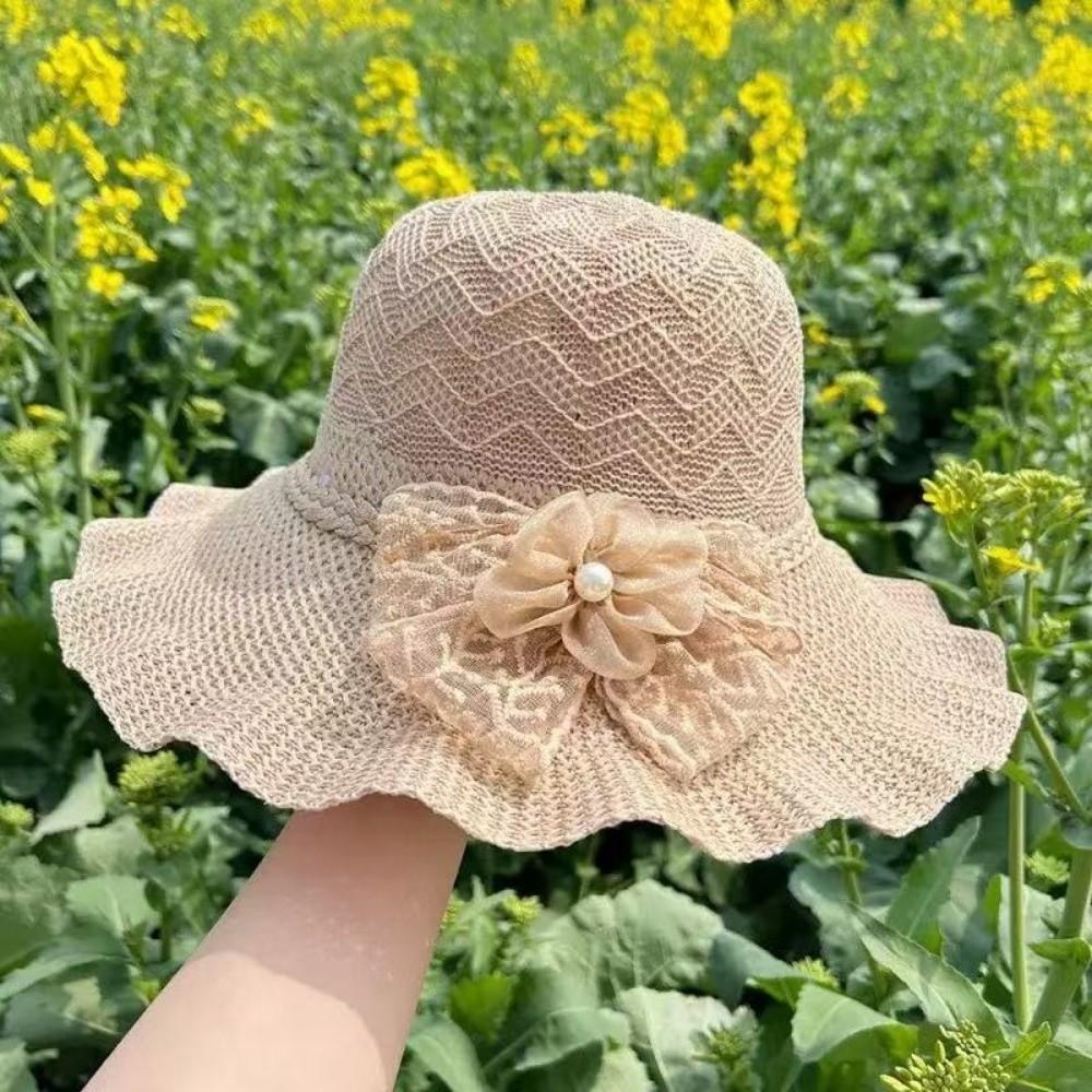 Flower Weave Bucket Hat Lace Bow UV Protection Cap Sweet Wide Brim Knitted Hat Summer