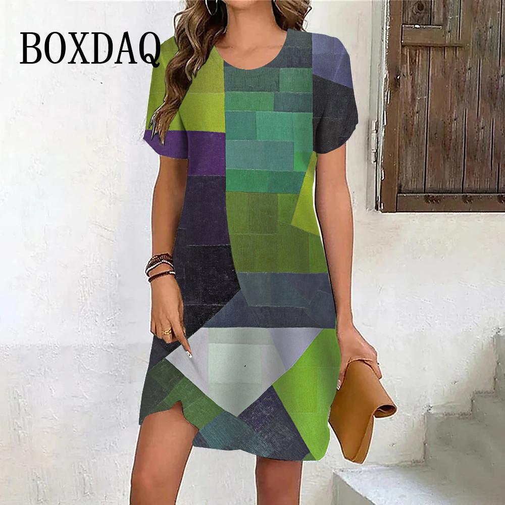 Spring Summer O-Neck Loose Dress Casual Geometry Printing Ladies Short Sleeve Fashion Plus Size Dresses Women Vintage Clothing